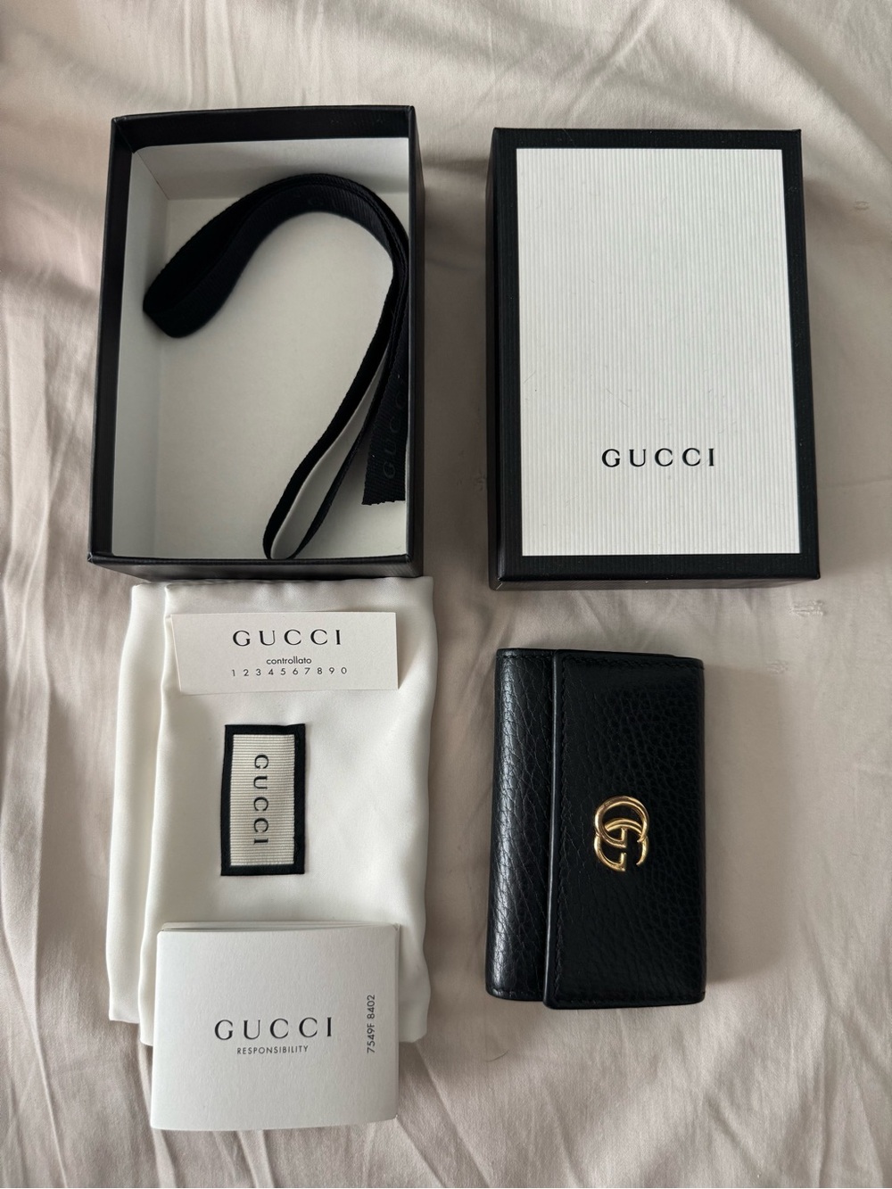 Authentic Gucci Black Pebbled Leather Key & Card Holder with Gold GG